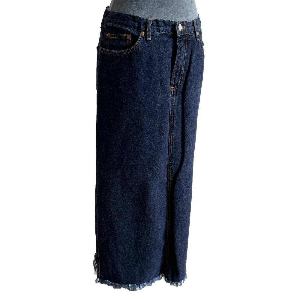 Vtg Y2K Denim Jean Fringe Skirt 11 Dark Wash Cowgirl Western Country Boho USA - Picture 11 of 16